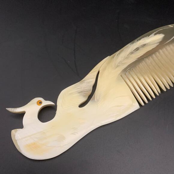 Antistatic Ox Horn Hair Comb Hand Carved Peacock Phoenix - Picture 4 of 11